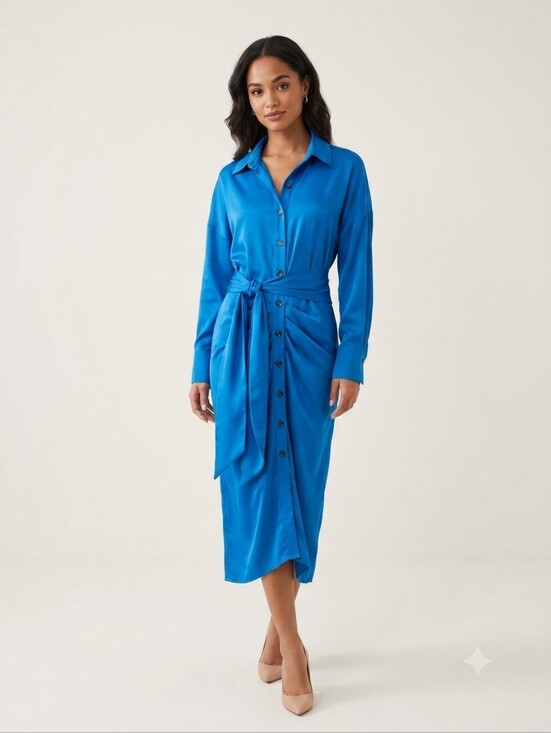 BTFBM Dresses & Skirts - Asymmetrical Blue Satin Button-Front Dress with Waist Tie
